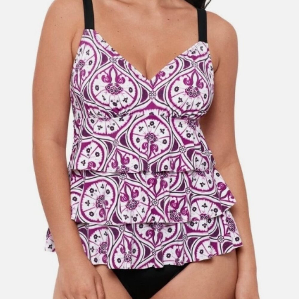 NWT! Swim Solutions Magenta Printed Ruffle Tummy Control One Piece Swimsuit NEW!